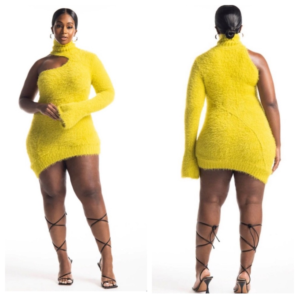 Hanifa Runway Amira Knit Cutout One Sleeve Mini Dress in Chartreuse - Size M